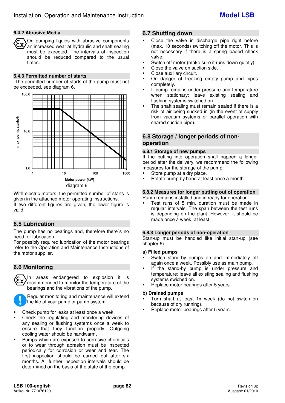 Model lsb, 5 lubrication, 6 monitoring | 7 shutting down, 8 storage / longer periods of non- operation | Xylem LSB User Manual | Page 86 / 108