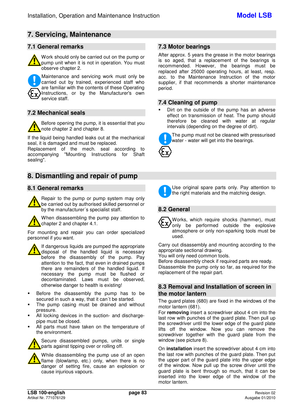 Model lsb, Servicing, maintenance, Dismantling and repair of pump | 1 general remarks, 2 mechanical seals, 3 motor bearings, 4 cleaning of pump, 2 general | Xylem LSB User Manual | Page 87 / 108