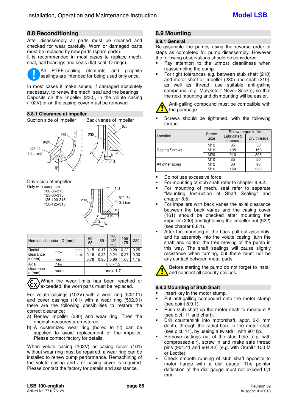 Model lsb, 8 reconditioning, 9 mounting | Xylem LSB User Manual | Page 89 / 108