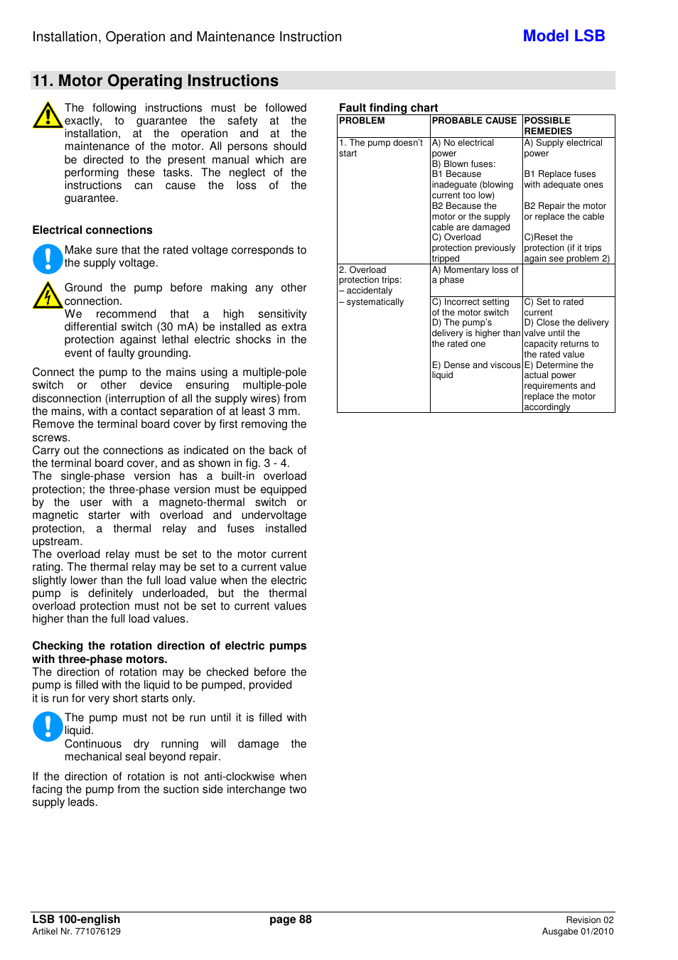 Model lsb, Motor operating instructions | Xylem LSB User Manual | Page 92 / 108