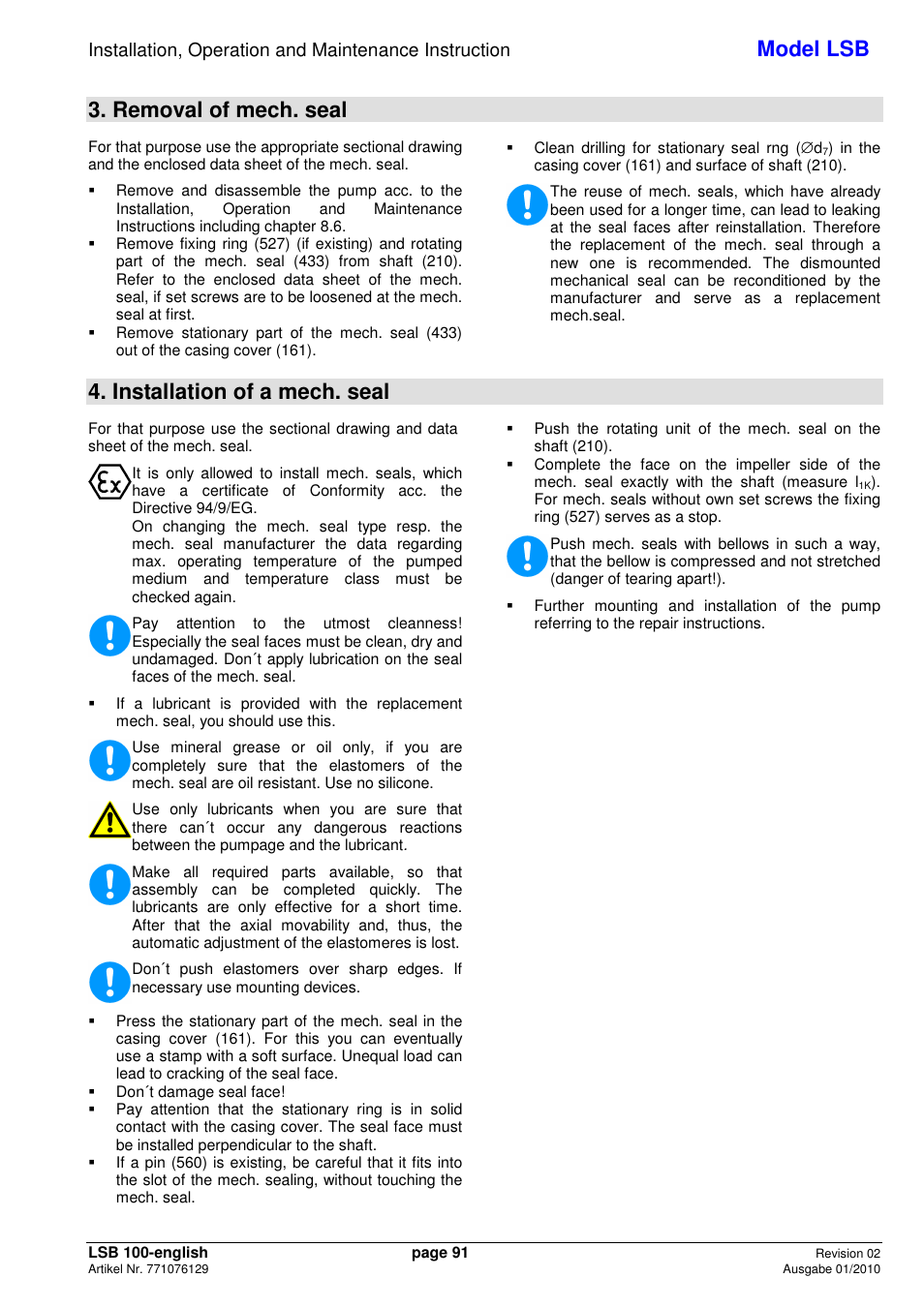 Model lsb, Removal of mech. seal, Installation of a mech. seal | Xylem LSB User Manual | Page 95 / 108