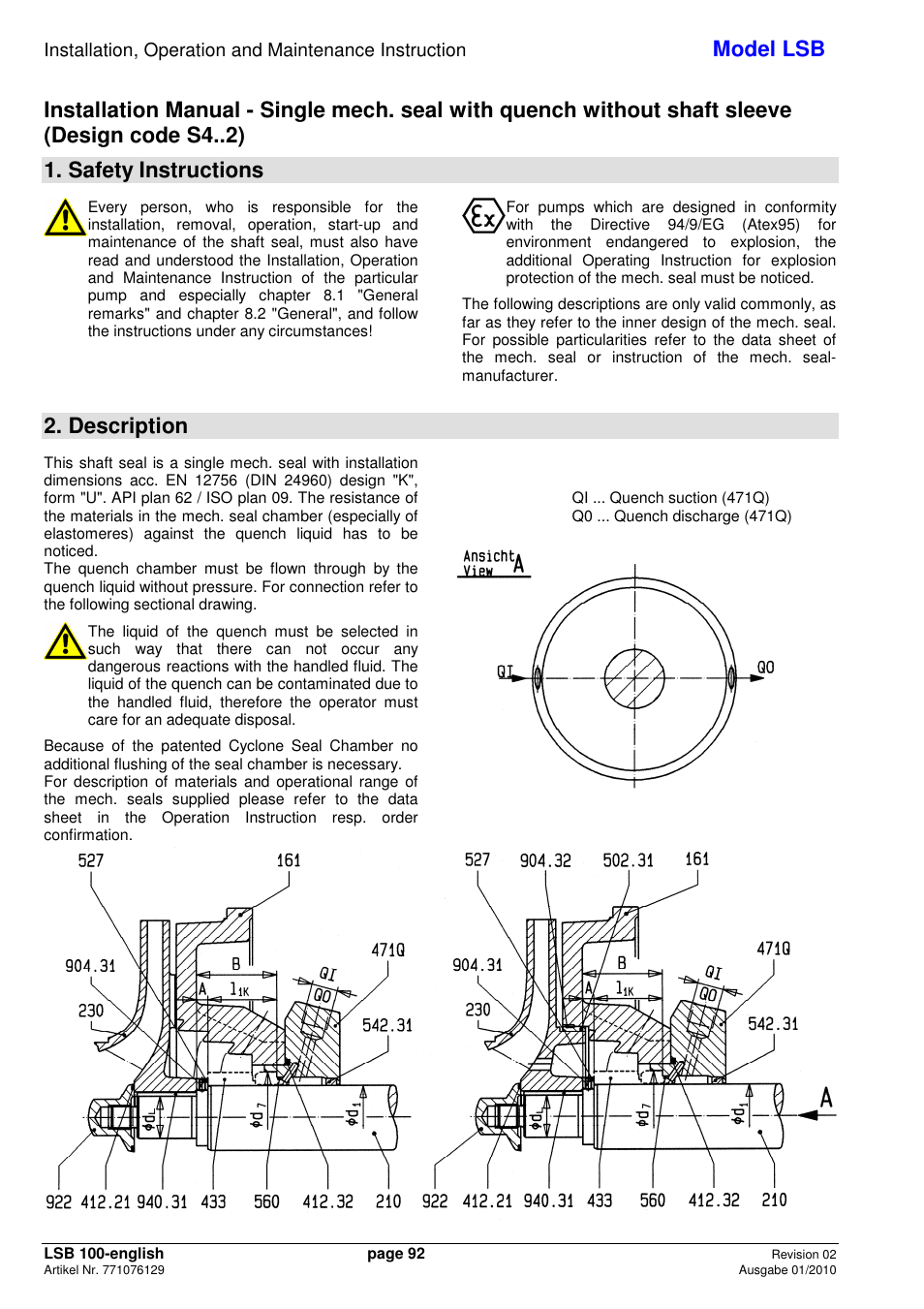 Model lsb, Safety instructions, Description | Xylem LSB User Manual | Page 96 / 108