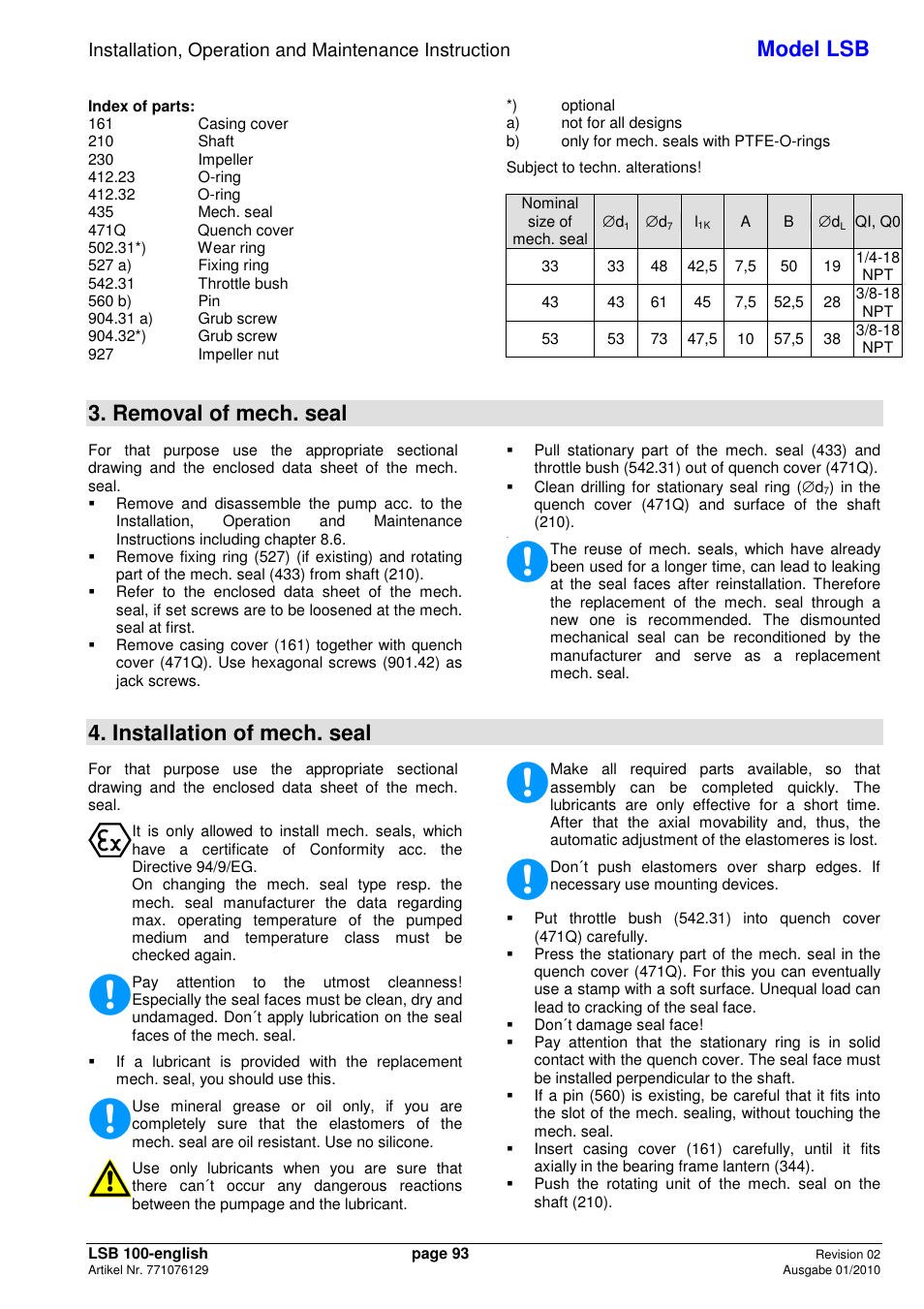Model lsb, Removal of mech. seal, Installation of mech. seal | Xylem LSB User Manual | Page 97 / 108