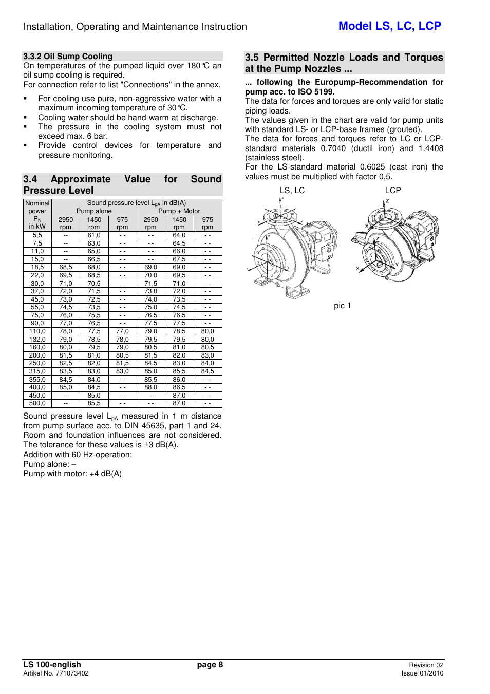 Model ls, lc, lcp, 4 approximate value for sound pressure level | Xylem LCP User Manual | Page 10 / 23