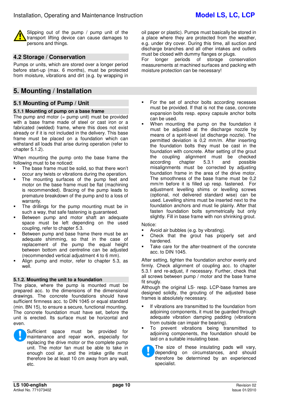 Model ls, lc, lcp, Mounting / installation, 2 storage / conservation | 1 mounting of pump / unit | Xylem LCP User Manual | Page 12 / 23