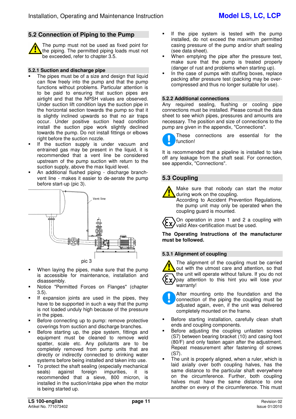 Model ls, lc, lcp, 2 connection of piping to the pump, 3 coupling | Xylem LCP User Manual | Page 13 / 23