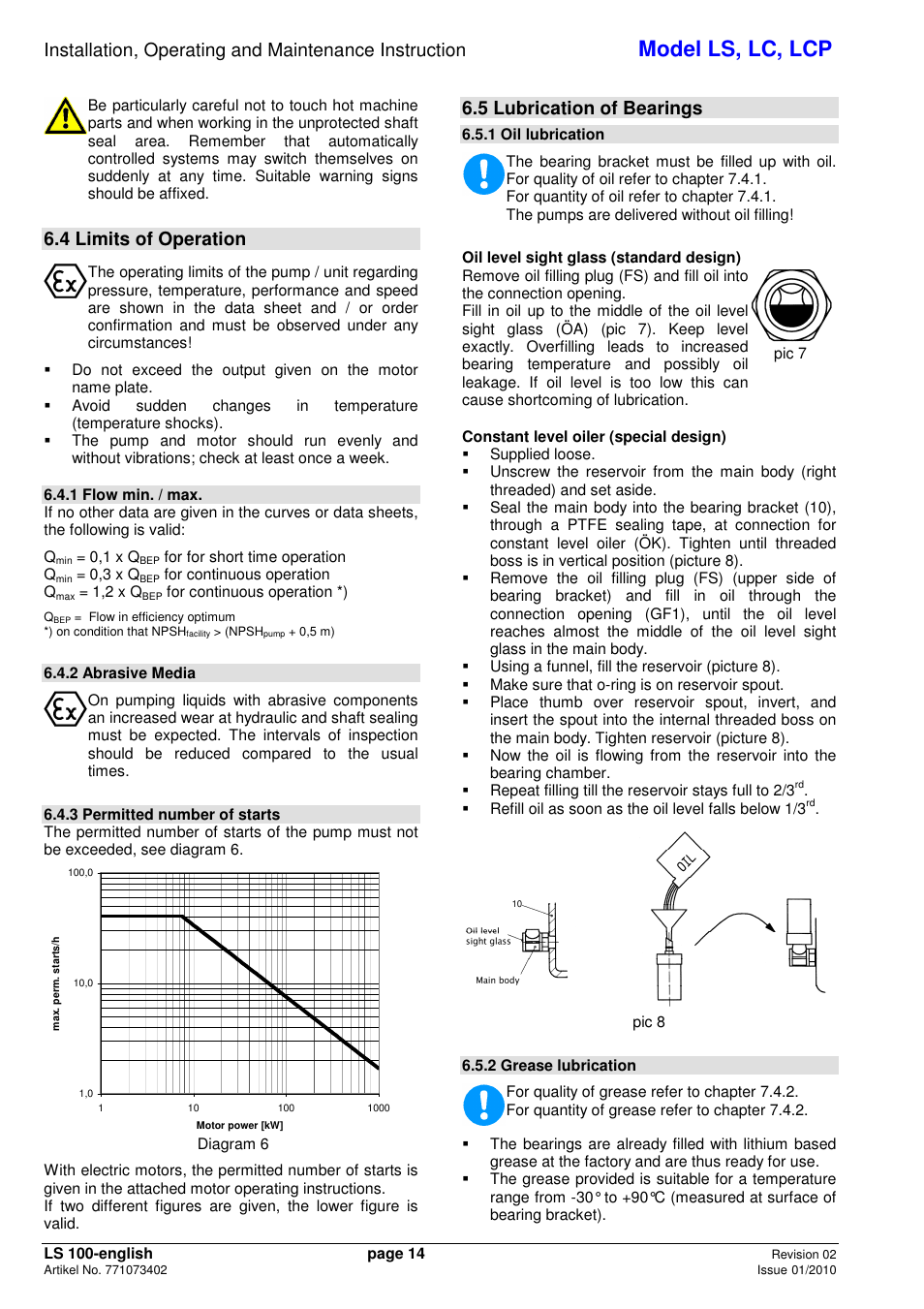 Model ls, lc, lcp, 4 limits of operation, 5 lubrication of bearings | Xylem LCP User Manual | Page 16 / 23