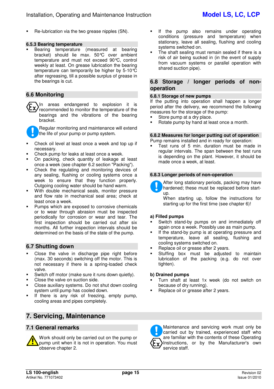 Model ls, lc, lcp, Servicing, maintenance, 6 monitoring | 7 shutting down, 8 storage / longer periods of non- operation, 1 general remarks | Xylem LCP User Manual | Page 17 / 23