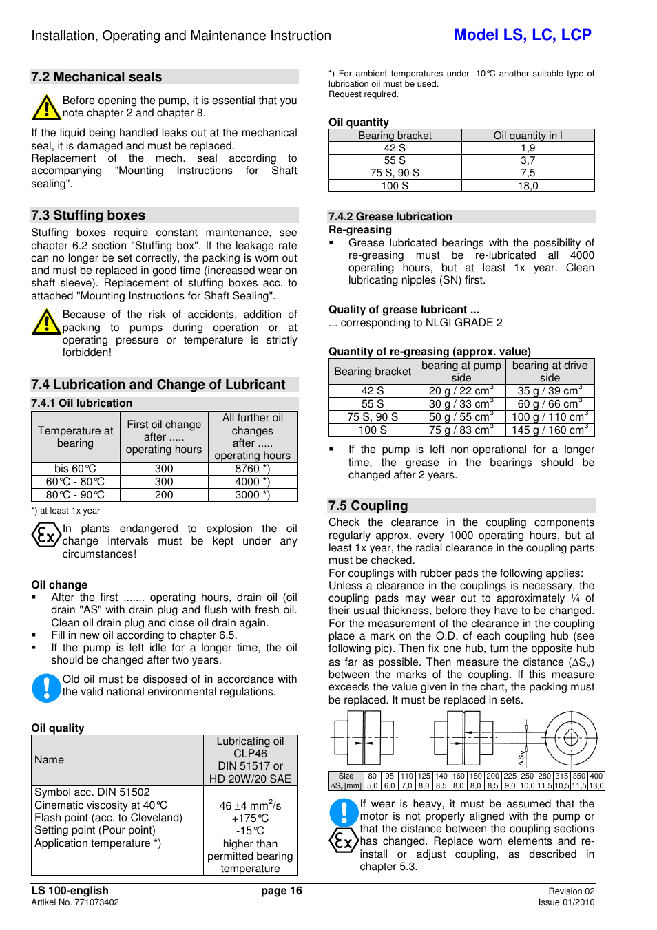 Model ls, lc, lcp, 2 mechanical seals, 3 stuffing boxes | 4 lubrication and change of lubricant, 5 coupling | Xylem LCP User Manual | Page 18 / 23