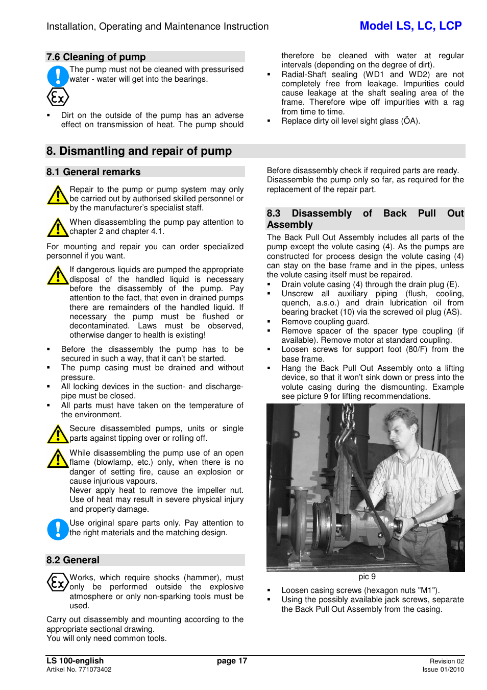 Model ls, lc, lcp, Dismantling and repair of pump, 6 cleaning of pump | 1 general remarks, 2 general, 3 disassembly of back pull out assembly | Xylem LCP User Manual | Page 19 / 23