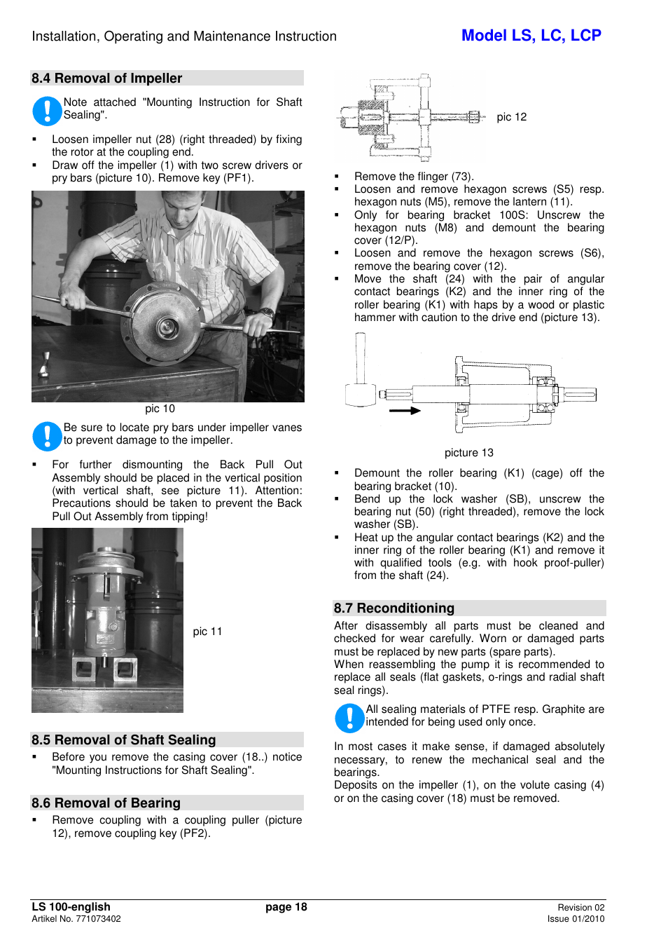 Model ls, lc, lcp, 4 removal of impeller, 5 removal of shaft sealing | 6 removal of bearing, 7 reconditioning | Xylem LCP User Manual | Page 20 / 23