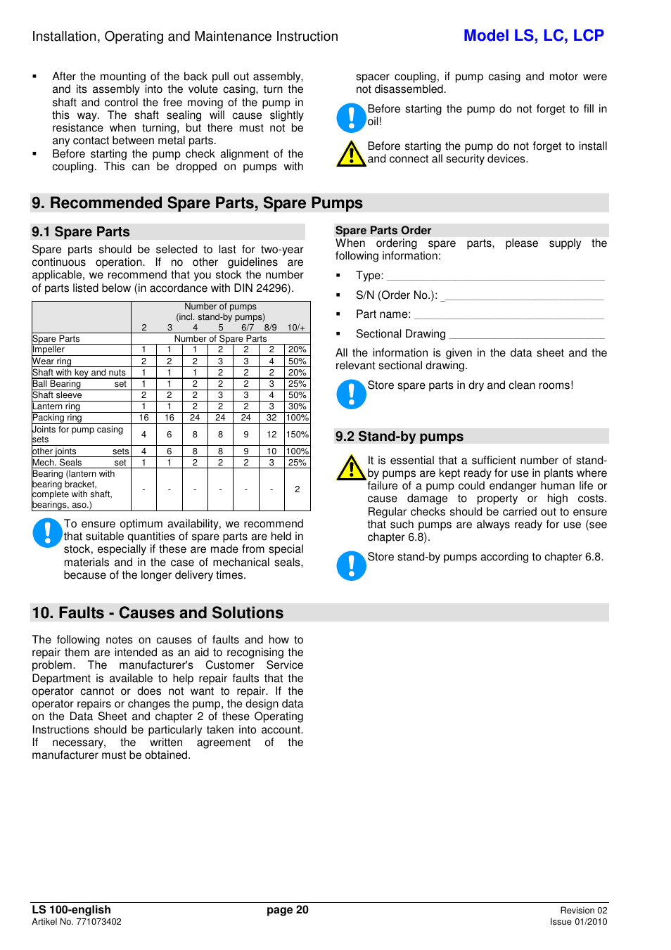 Model ls, lc, lcp, Recommended spare parts, spare pumps, Faults - causes and solutions | 1 spare parts, 2 stand-by pumps | Xylem LCP User Manual | Page 22 / 23