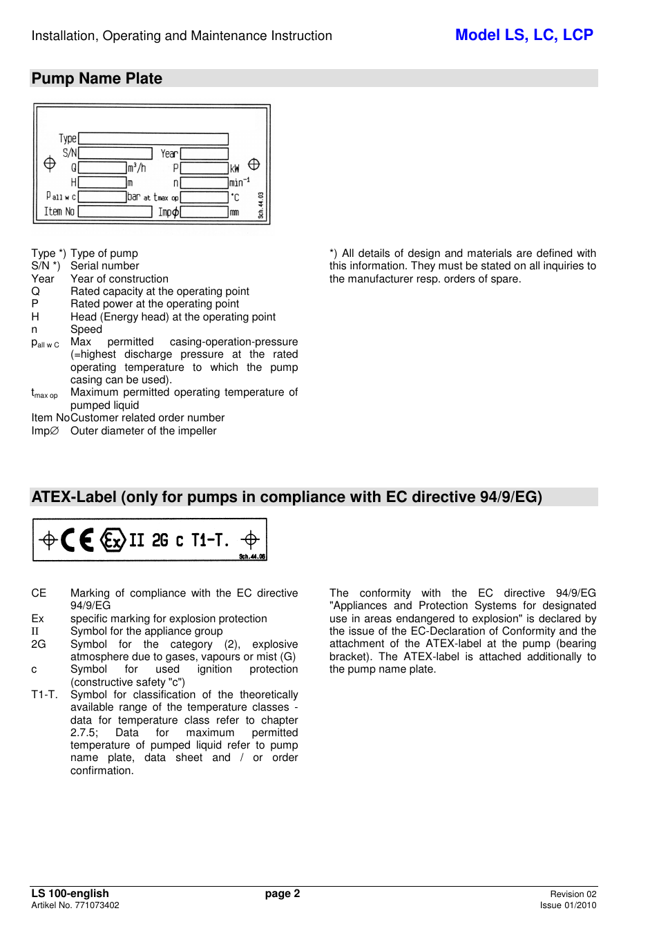 Model ls, lc, lcp, Pump name plate | Xylem LCP User Manual | Page 4 / 23