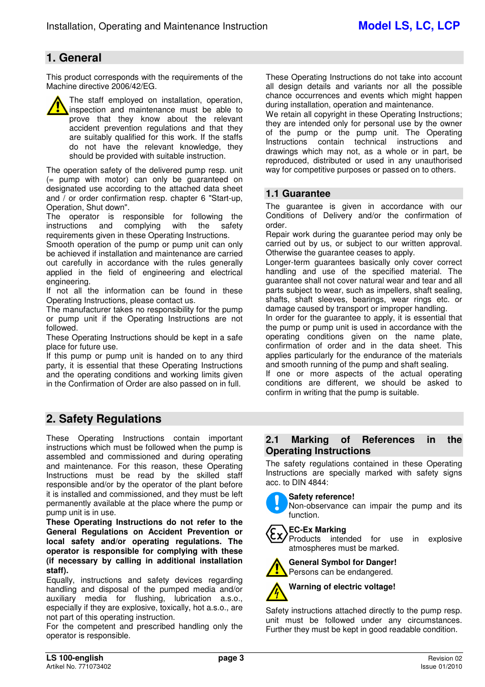 Model ls, lc, lcp, General, Safety regulations | 1 guarantee | Xylem LCP User Manual | Page 5 / 23
