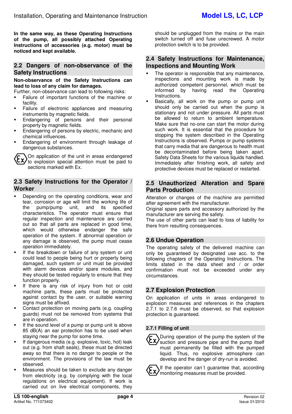 Model ls, lc, lcp, 3 safety instructions for the operator / worker, 6 undue operation | 7 explosion protection | Xylem LCP User Manual | Page 6 / 23