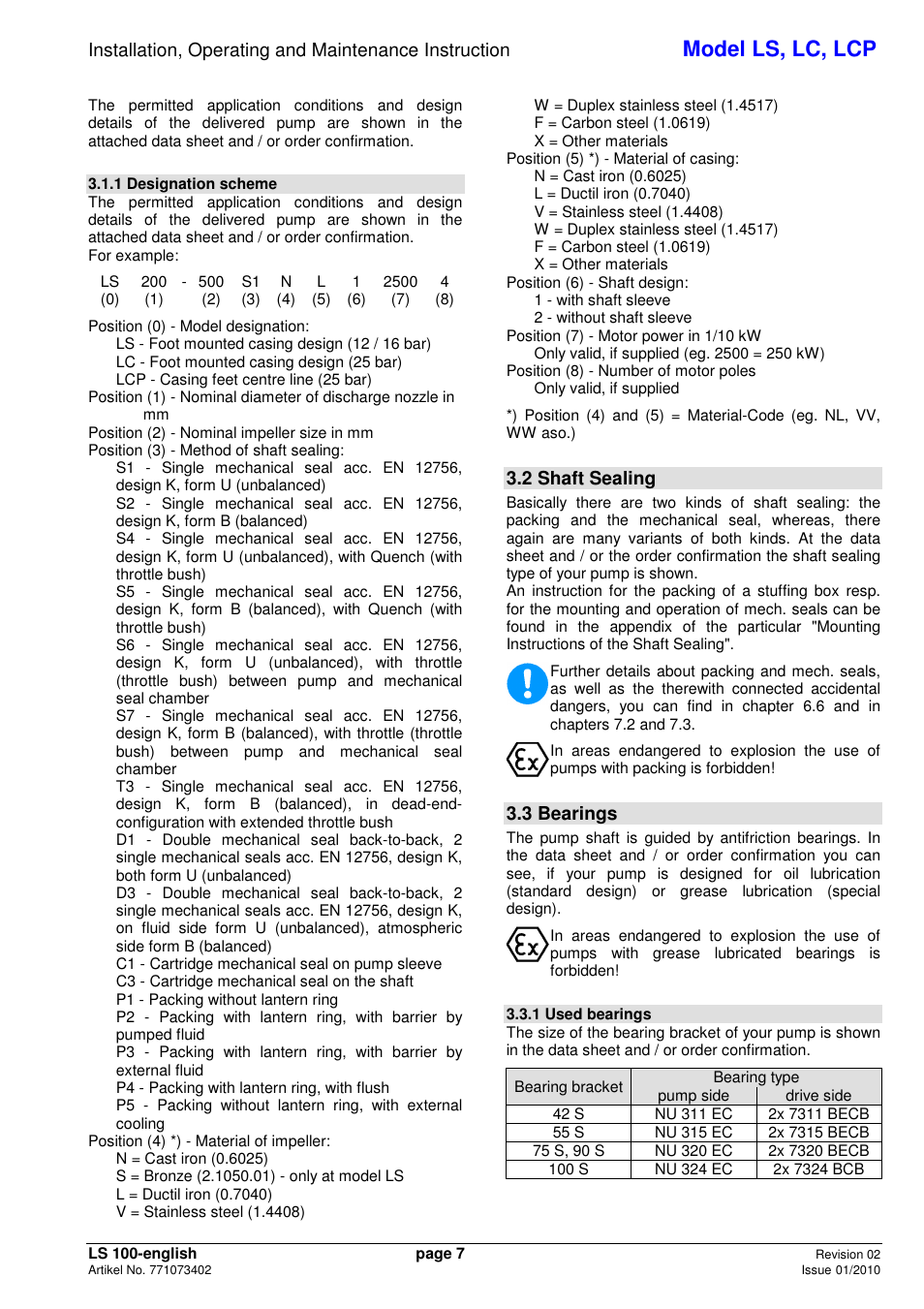 Model ls, lc, lcp, 2 shaft sealing, 3 bearings | Xylem LCP User Manual | Page 9 / 23