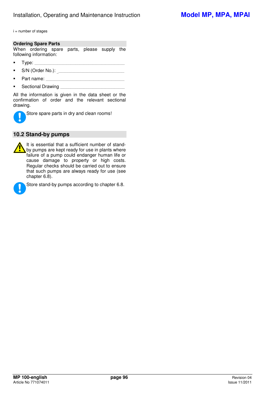 Model mp, mpa, mpai, 2 stand-by pumps | Xylem MPAI User Manual | Page 100 / 135