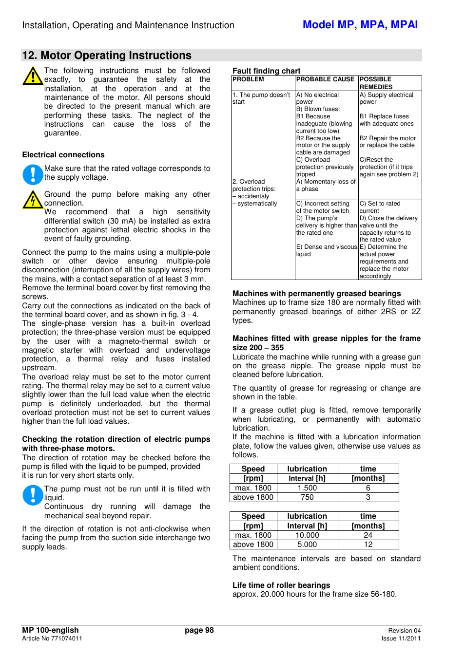 Model mp, mpa, mpai, Motor operating instructions | Xylem MPAI User Manual | Page 102 / 135