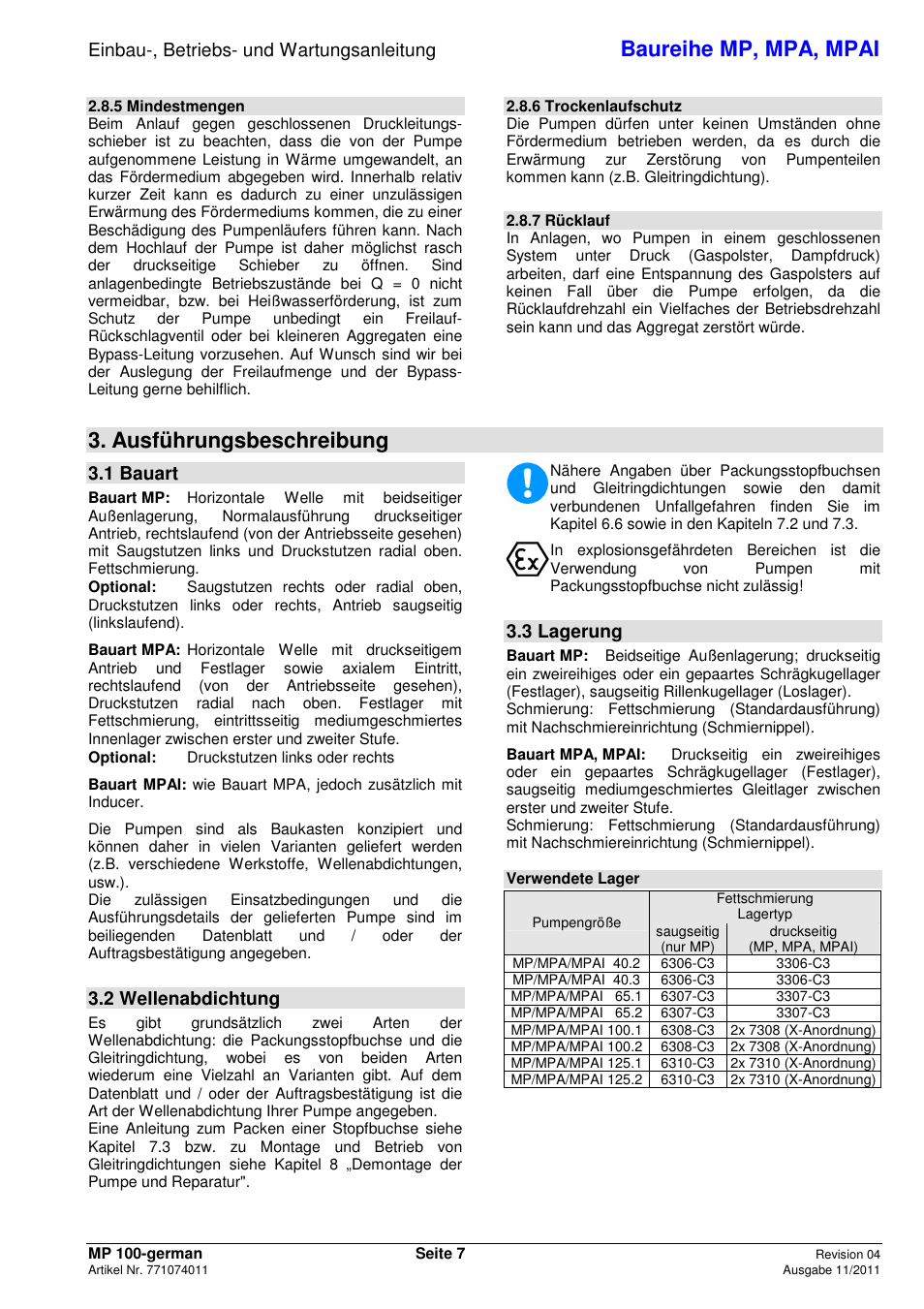 Baureihe mp, mpa, mpai, Ausführungsbeschreibung, Einbau-, betriebs- und wartungsanleitung | 1 bauart, 2 wellenabdichtung, 3 lagerung | Xylem MPAI User Manual | Page 11 / 135