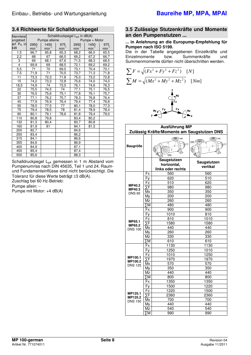 Baureihe mp, mpa, mpai, Einbau-, betriebs- und wartungsanleitung, 4 richtwerte für schalldruckpegel | Nfz fy fx f, Nm mz my mx m | Xylem MPAI User Manual | Page 12 / 135
