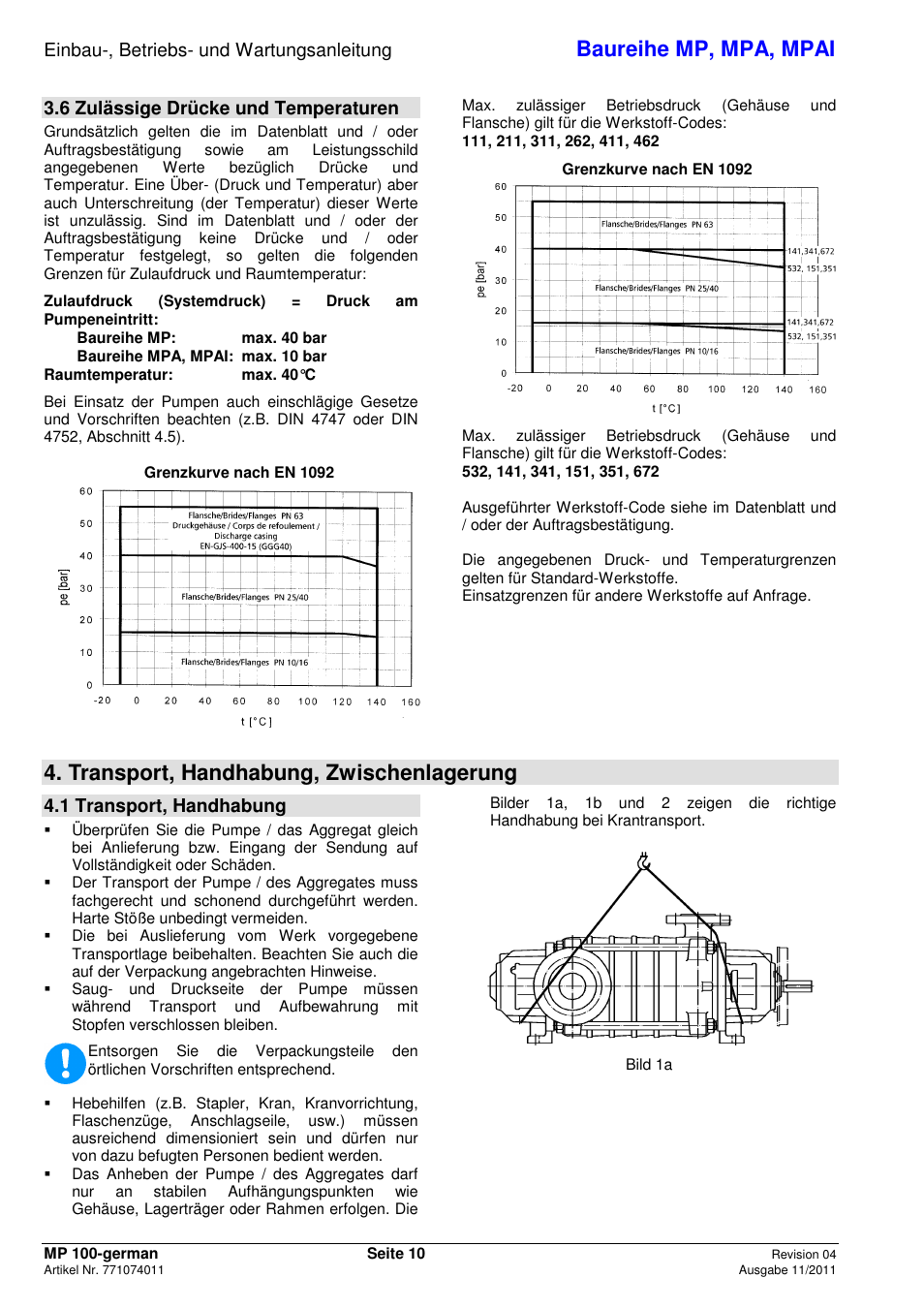 Baureihe mp, mpa, mpai, Transport, handhabung, zwischenlagerung, Einbau-, betriebs- und wartungsanleitung | 6 zulässige drücke und temperaturen, 1 transport, handhabung | Xylem MPAI User Manual | Page 14 / 135