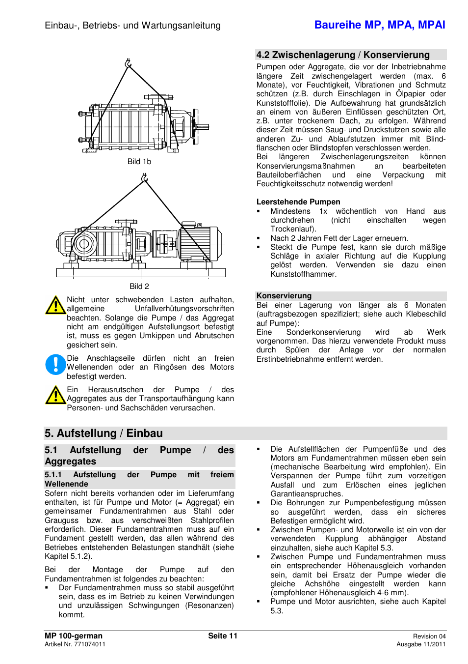 Baureihe mp, mpa, mpai, Aufstellung / einbau, Einbau-, betriebs- und wartungsanleitung | 2 zwischenlagerung / konservierung, 1 aufstellung der pumpe / des aggregates | Xylem MPAI User Manual | Page 15 / 135