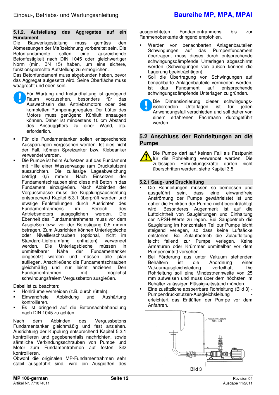 Baureihe mp, mpa, mpai, Einbau-, betriebs- und wartungsanleitung, 2 anschluss der rohrleitungen an die pumpe | Xylem MPAI User Manual | Page 16 / 135