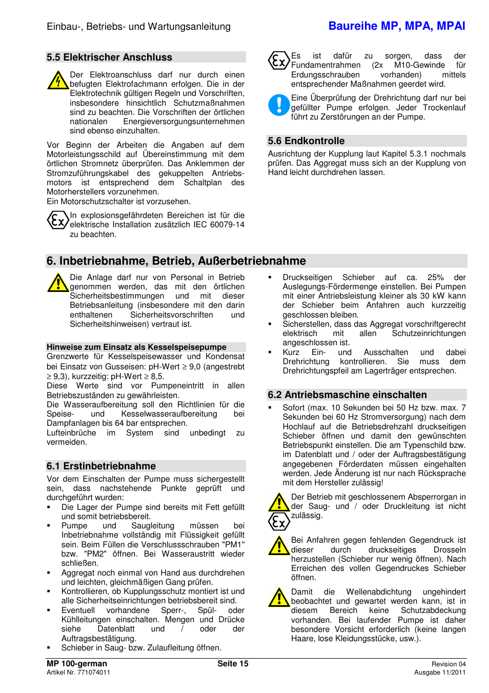 Baureihe mp, mpa, mpai, Inbetriebnahme, betrieb, außerbetriebnahme, Einbau-, betriebs- und wartungsanleitung | 5 elektrischer anschluss, 6 endkontrolle, 1 erstinbetriebnahme, 2 antriebsmaschine einschalten | Xylem MPAI User Manual | Page 19 / 135
