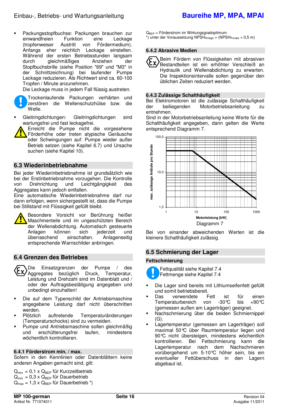 Baureihe mp, mpa, mpai, Einbau-, betriebs- und wartungsanleitung, 3 wiederinbetriebnahme | 4 grenzen des betriebes, 5 schmierung der lager | Xylem MPAI User Manual | Page 20 / 135