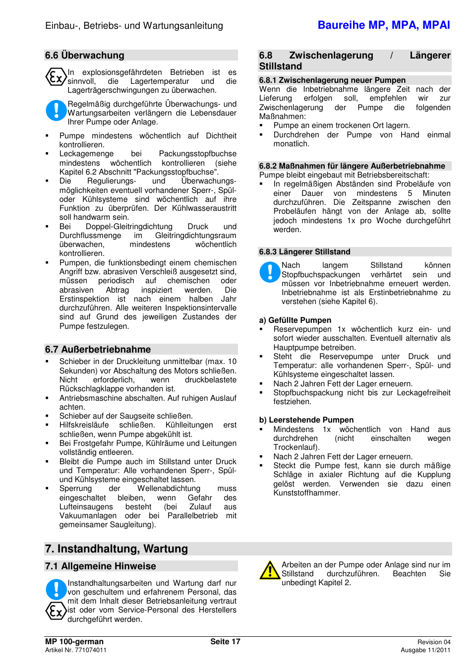 Baureihe mp, mpa, mpai, Instandhaltung, wartung, Einbau-, betriebs- und wartungsanleitung | 6 überwachung, 7 außerbetriebnahme, 8 zwischenlagerung / längerer stillstand, 1 allgemeine hinweise | Xylem MPAI User Manual | Page 21 / 135