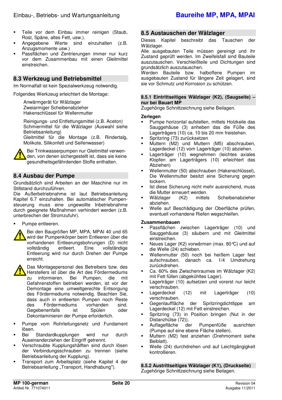 Baureihe mp, mpa, mpai, Einbau-, betriebs- und wartungsanleitung, 3 werkzeug und betriebsmittel | 4 ausbau der pumpe, 5 austauschen der wälzlager | Xylem MPAI User Manual | Page 24 / 135