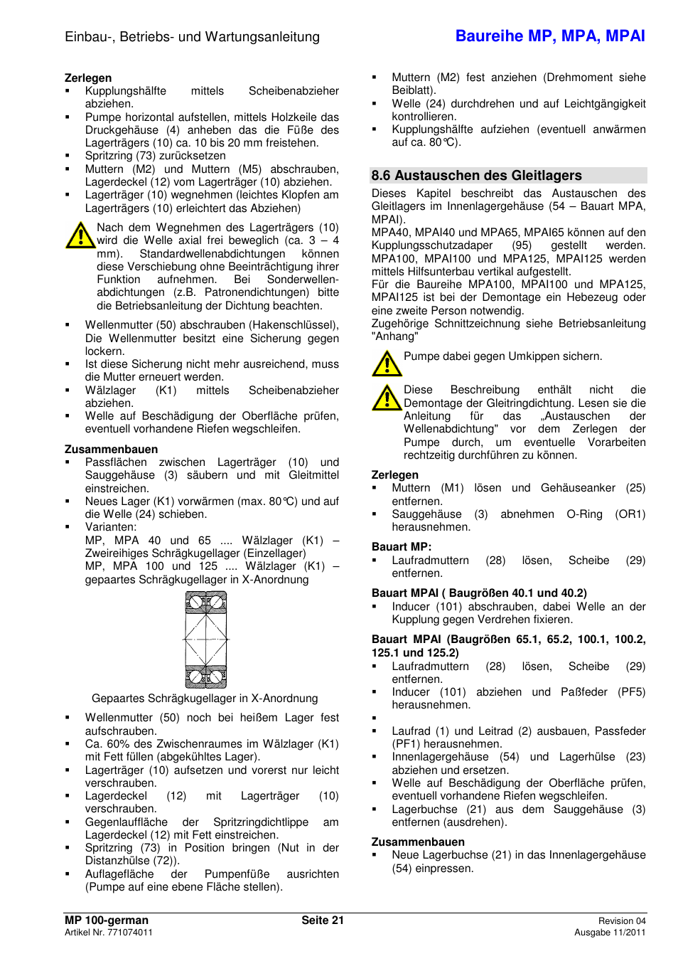 Baureihe mp, mpa, mpai, Einbau-, betriebs- und wartungsanleitung, 6 austauschen des gleitlagers | Xylem MPAI User Manual | Page 25 / 135