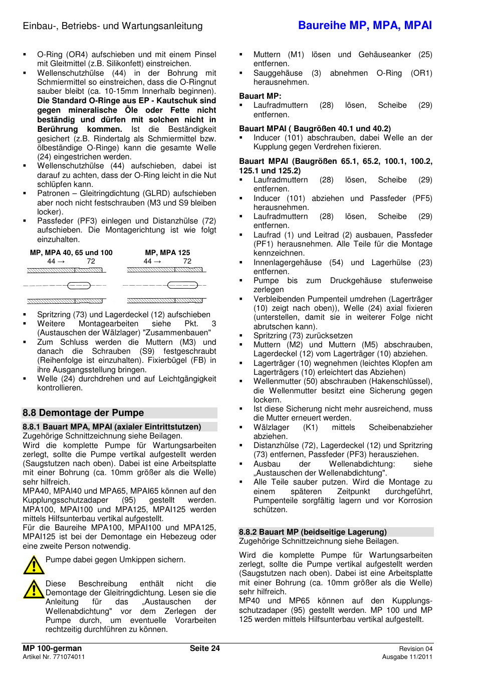 Baureihe mp, mpa, mpai, Einbau-, betriebs- und wartungsanleitung, 8 demontage der pumpe | Xylem MPAI User Manual | Page 28 / 135