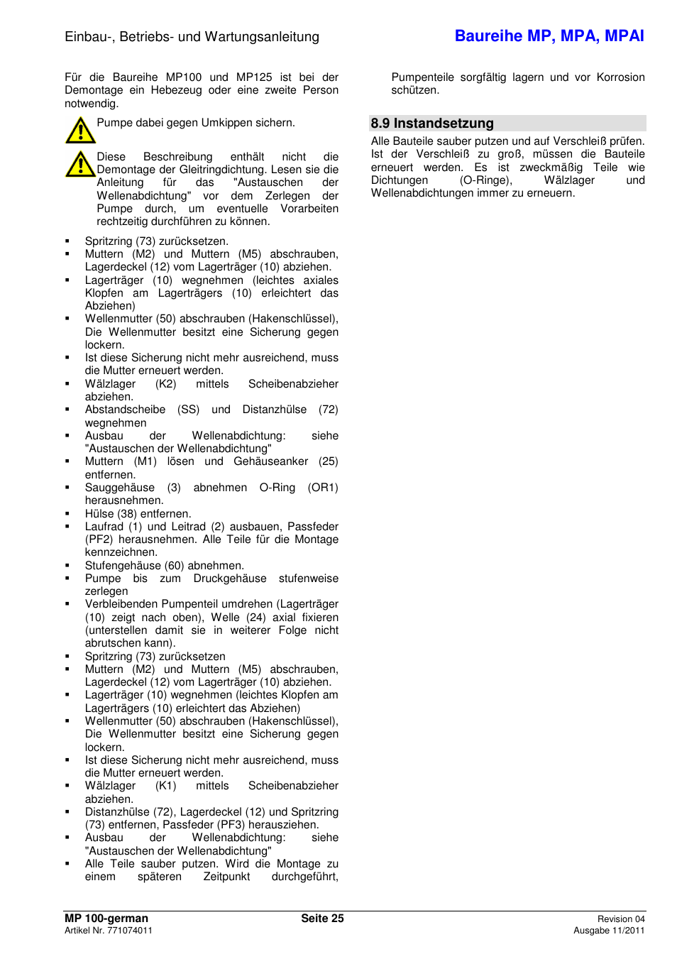 Baureihe mp, mpa, mpai, Einbau-, betriebs- und wartungsanleitung, 9 instandsetzung | Xylem MPAI User Manual | Page 29 / 135