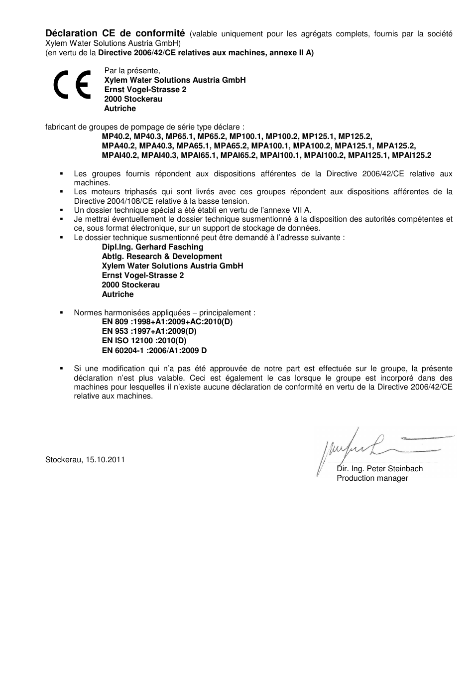 Déclaration ce de conformité | Xylem MPAI User Manual | Page 3 / 135