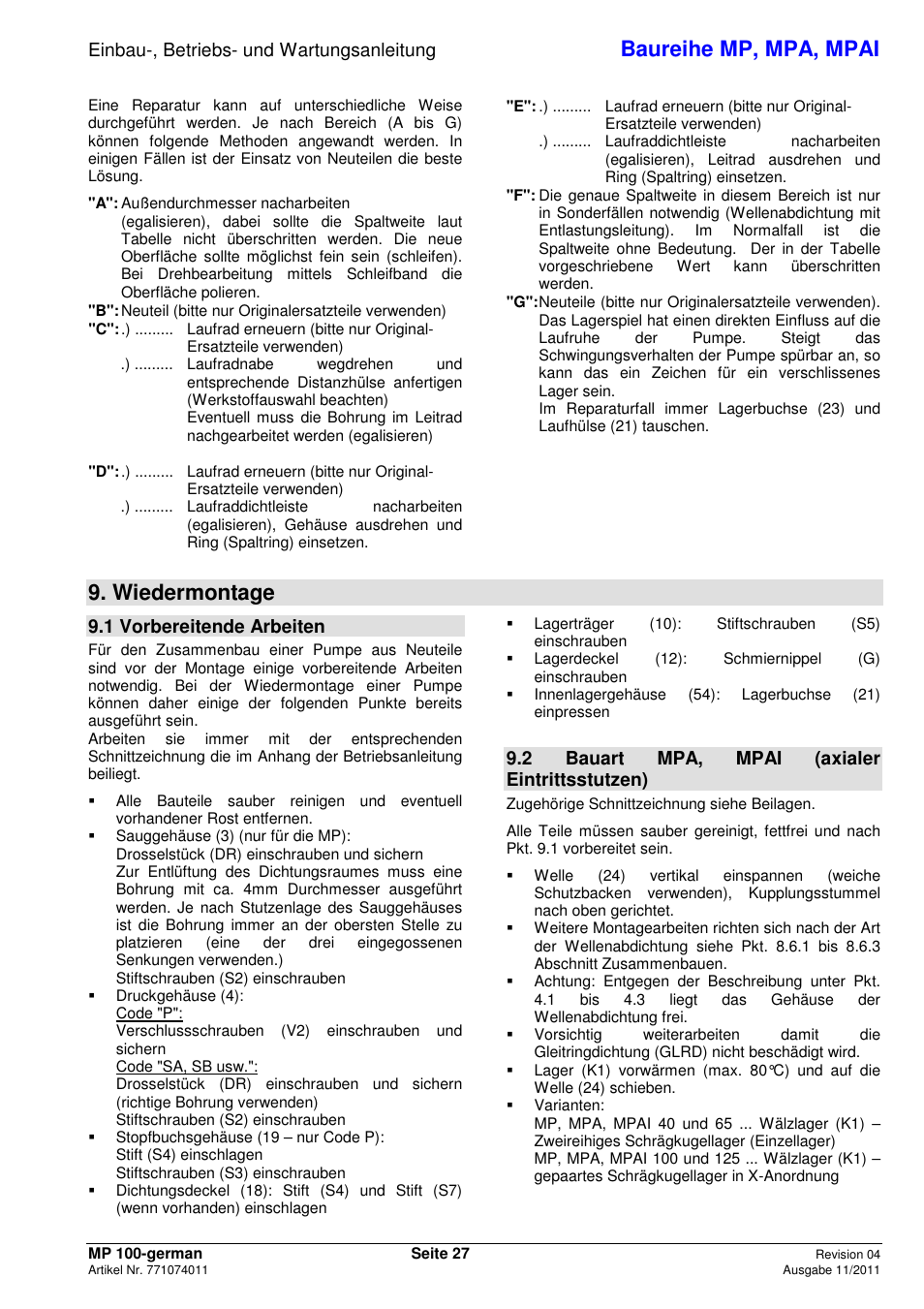 Baureihe mp, mpa, mpai, Wiedermontage, Einbau-, betriebs- und wartungsanleitung | 1 vorbereitende arbeiten, 2 bauart mpa, mpai (axialer eintrittsstutzen) | Xylem MPAI User Manual | Page 31 / 135