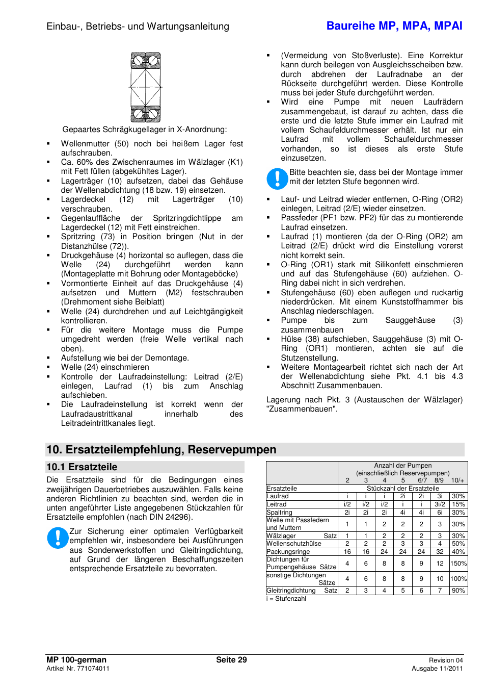 Baureihe mp, mpa, mpai, Ersatzteilempfehlung, reservepumpen, Einbau-, betriebs- und wartungsanleitung | 1 ersatzteile | Xylem MPAI User Manual | Page 33 / 135