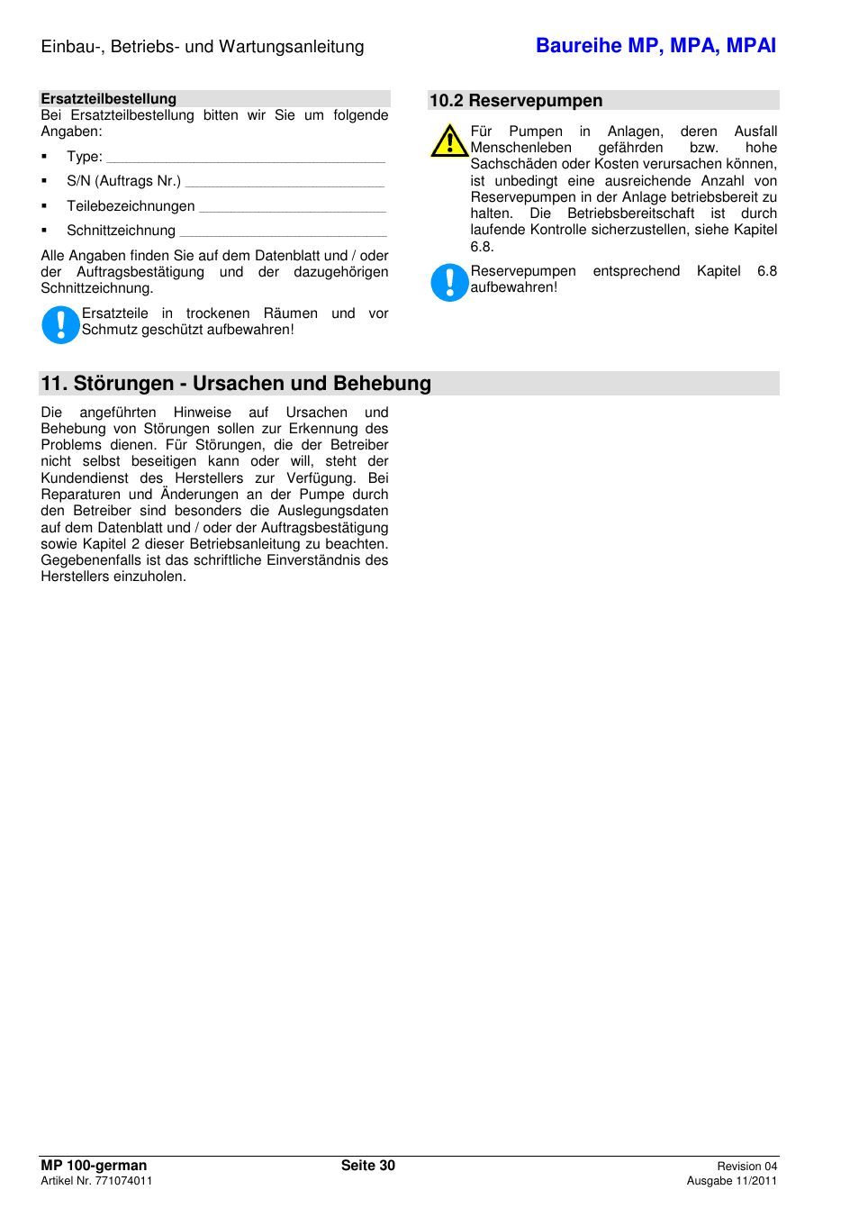 Baureihe mp, mpa, mpai, Störungen - ursachen und behebung, Einbau-, betriebs- und wartungsanleitung | 2 reservepumpen | Xylem MPAI User Manual | Page 34 / 135