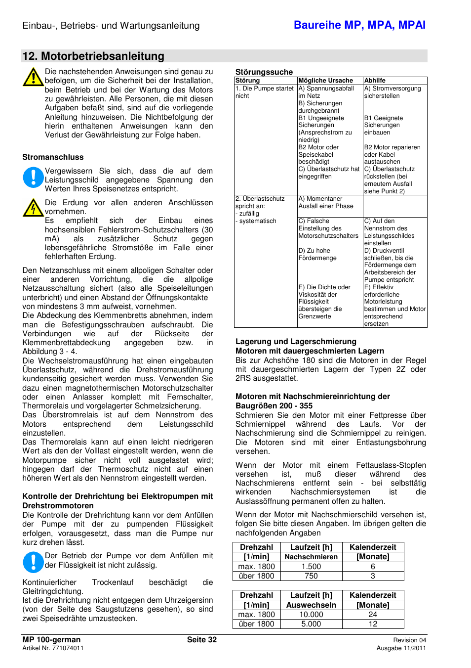 Baureihe mp, mpa, mpai, Motorbetriebsanleitung, Einbau-, betriebs- und wartungsanleitung | Xylem MPAI User Manual | Page 36 / 135
