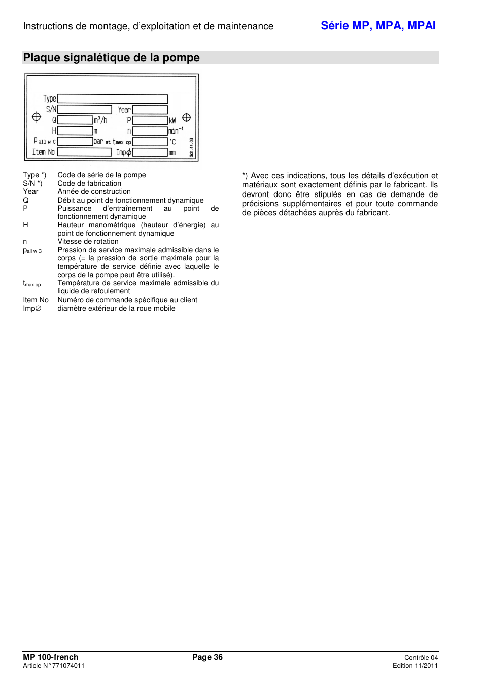 Série mp, mpa, mpai, Plaque signalétique de la pompe | Xylem MPAI User Manual | Page 40 / 135