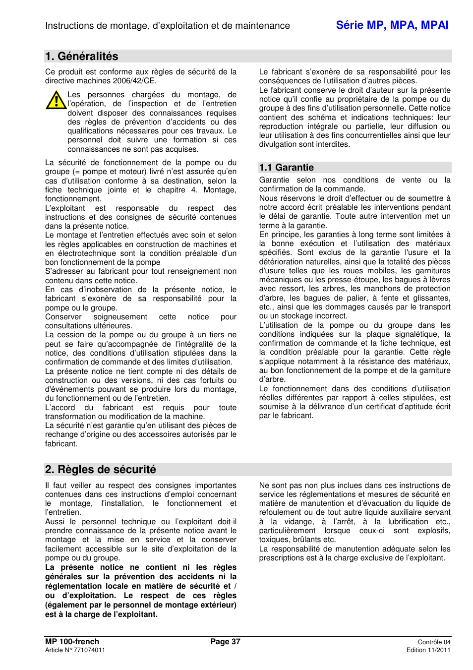 Série mp, mpa, mpai, Généralités, Règles de sécurité | 1 garantie | Xylem MPAI User Manual | Page 41 / 135