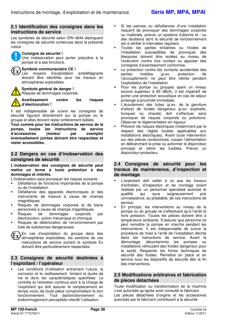 Série mp, mpa, mpai | Xylem MPAI User Manual | Page 42 / 135