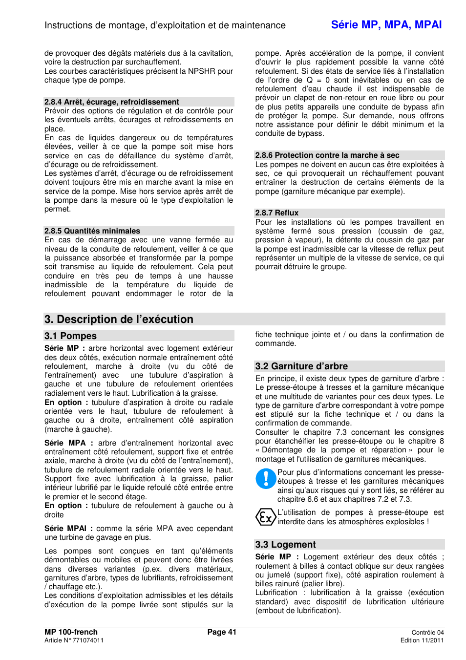 Série mp, mpa, mpai, Description de l’exécution, 1 pompes | 2 garniture d’arbre, 3 logement | Xylem MPAI User Manual | Page 45 / 135