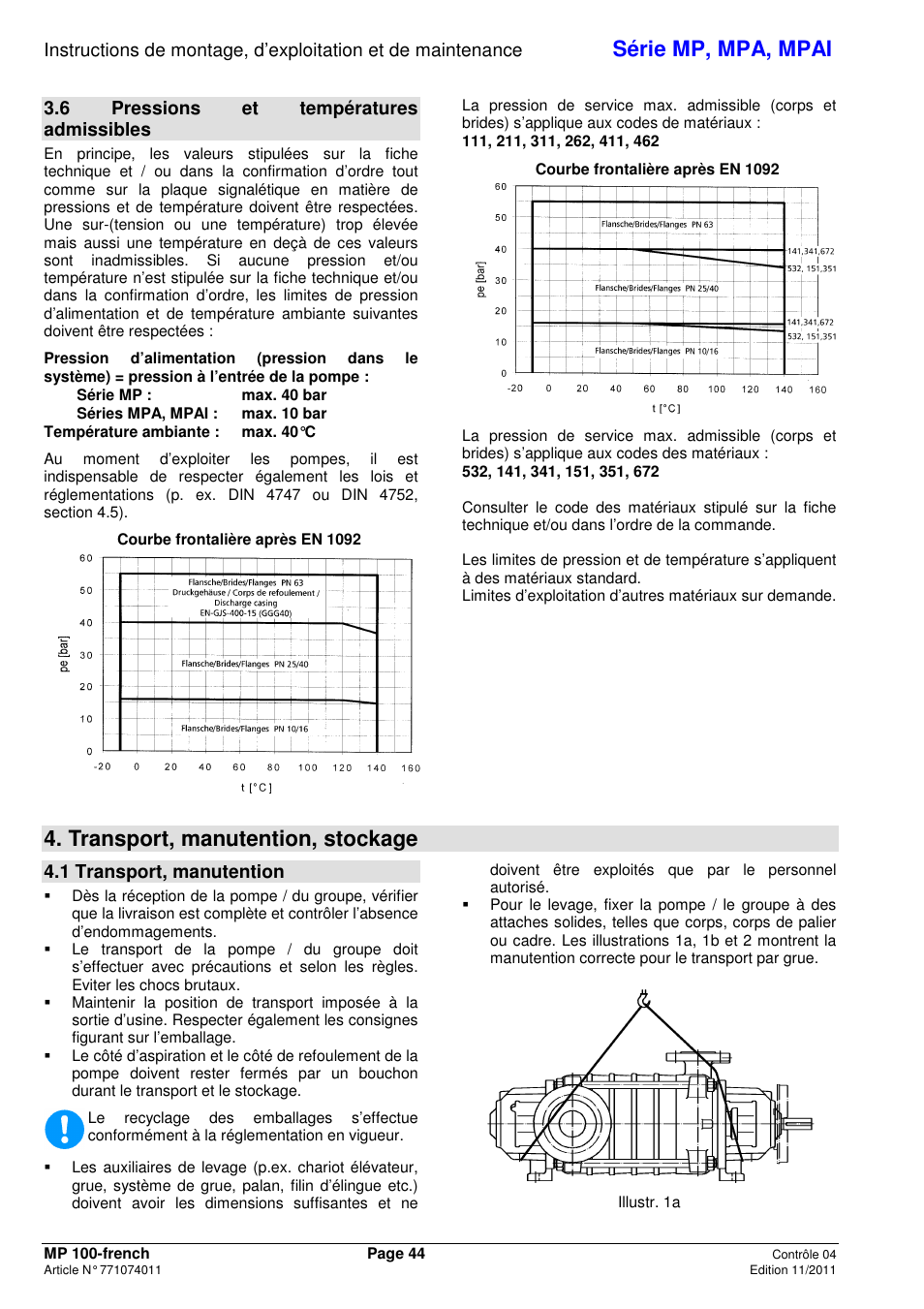 Série mp, mpa, mpai, Transport, manutention, stockage, 6 pressions et températures admissibles | 1 transport, manutention | Xylem MPAI User Manual | Page 48 / 135