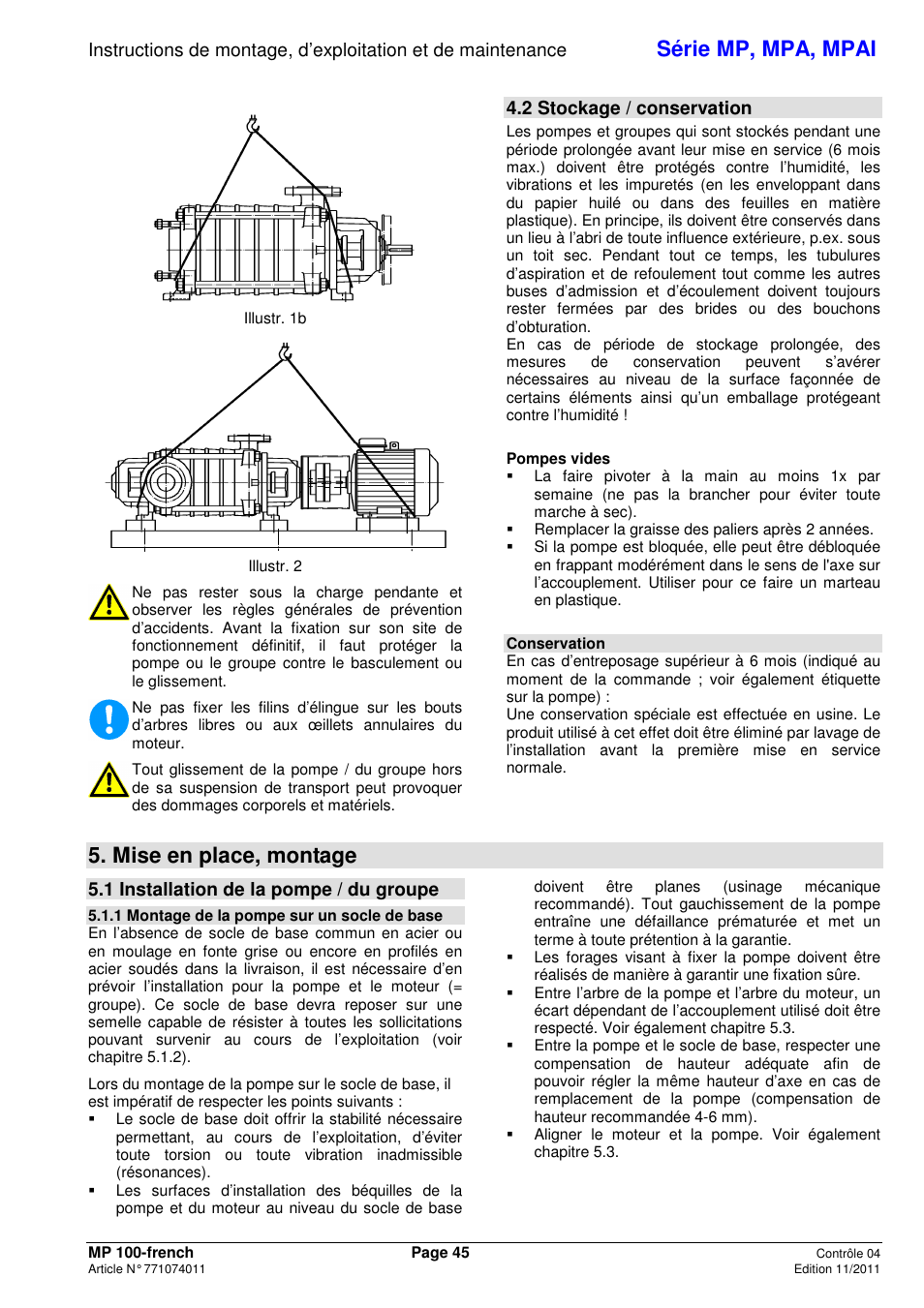 Série mp, mpa, mpai, Mise en place, montage, 2 stockage / conservation | 1 installation de la pompe / du groupe | Xylem MPAI User Manual | Page 49 / 135