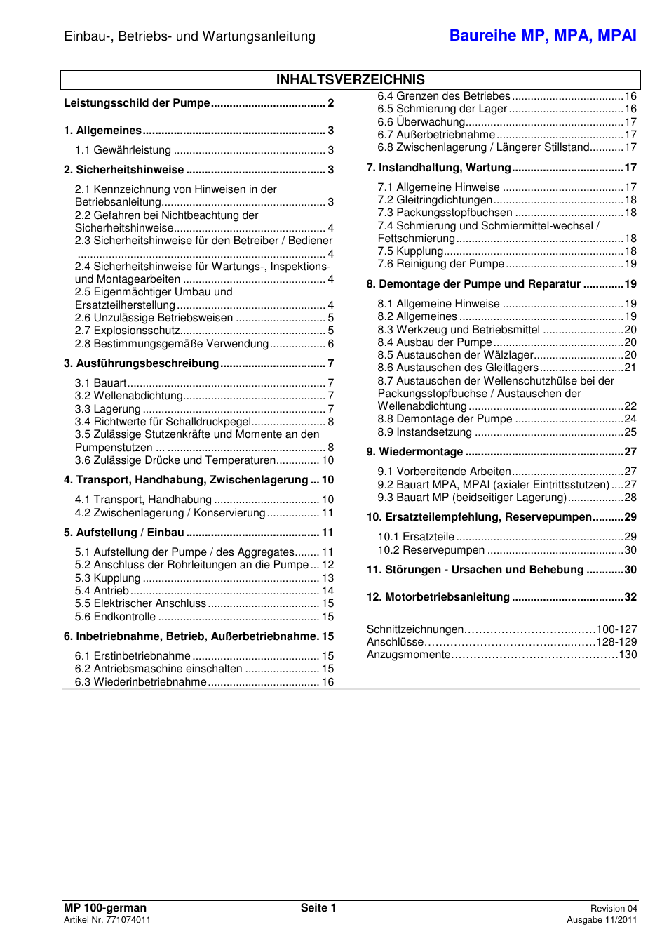 Baureihe mp, mpa, mpai | Xylem MPAI User Manual | Page 5 / 135