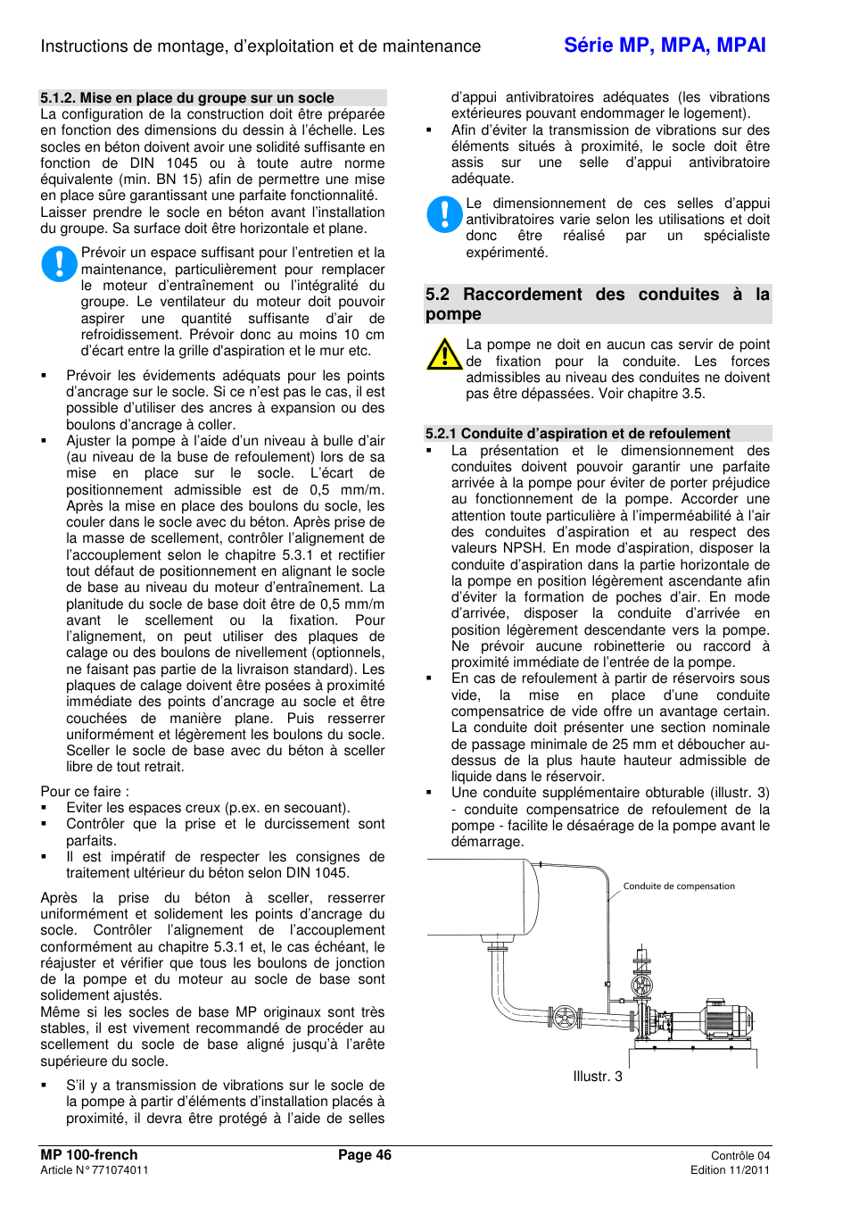 Série mp, mpa, mpai, 2 raccordement des conduites à la pompe | Xylem MPAI User Manual | Page 50 / 135