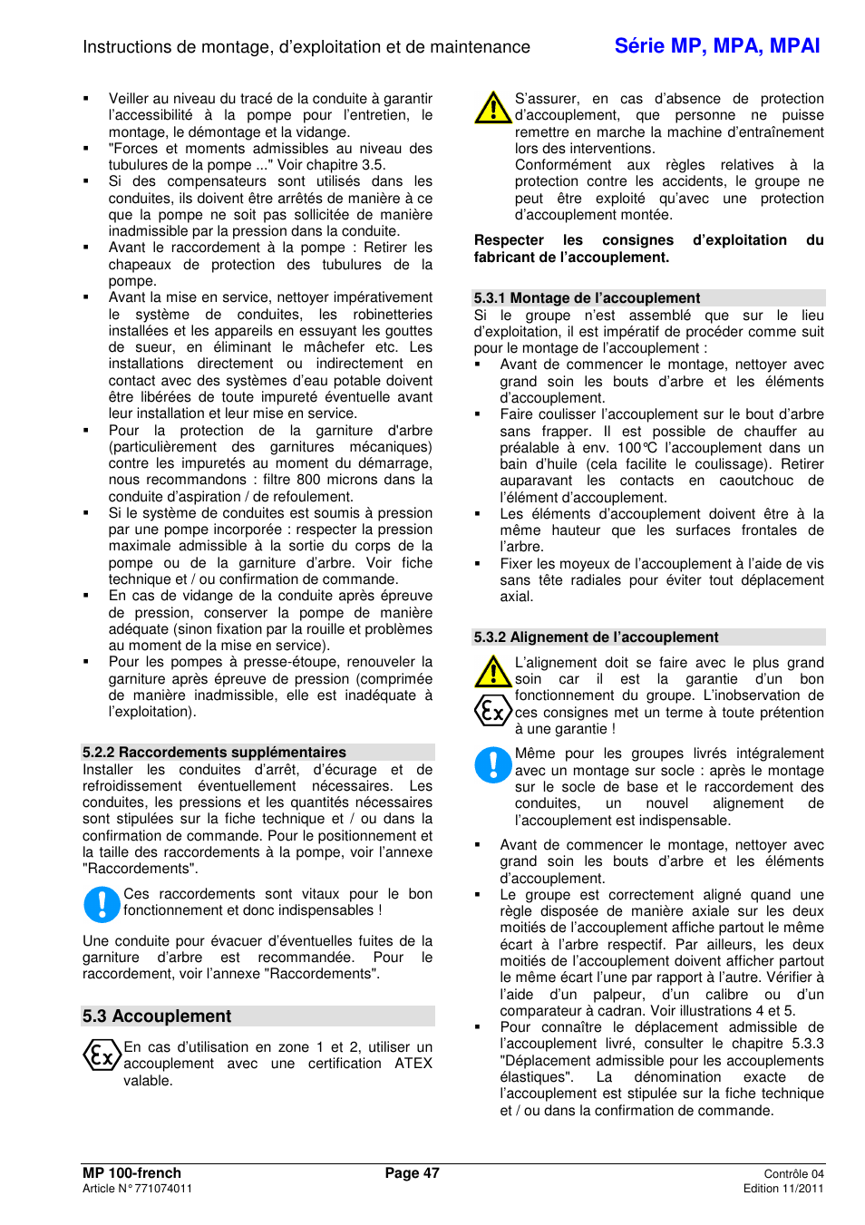 Série mp, mpa, mpai, 3 accouplement | Xylem MPAI User Manual | Page 51 / 135