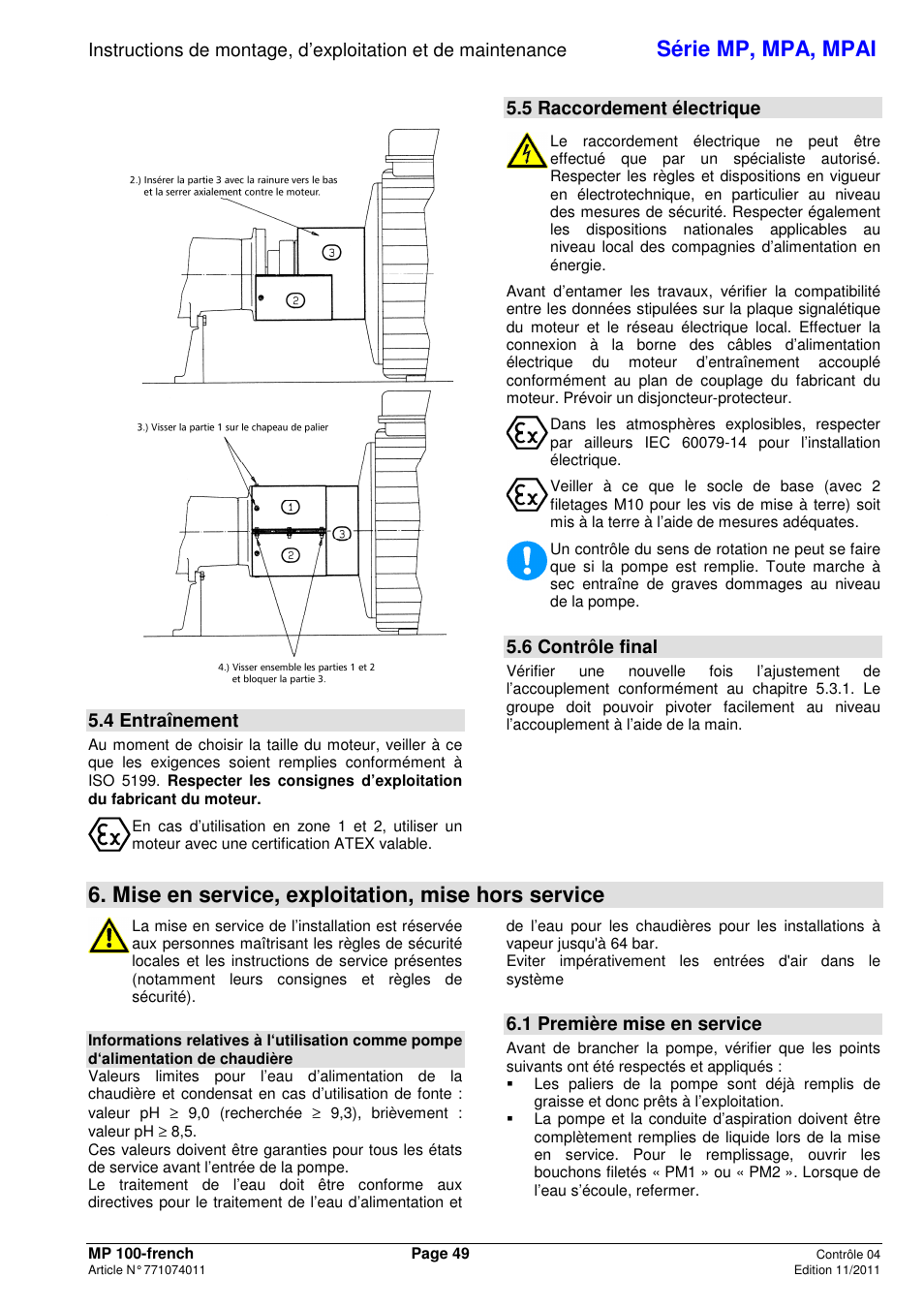 Série mp, mpa, mpai, Mise en service, exploitation, mise hors service, 4 entraînement | 5 raccordement électrique, 6 contrôle final, 1 première mise en service | Xylem MPAI User Manual | Page 53 / 135