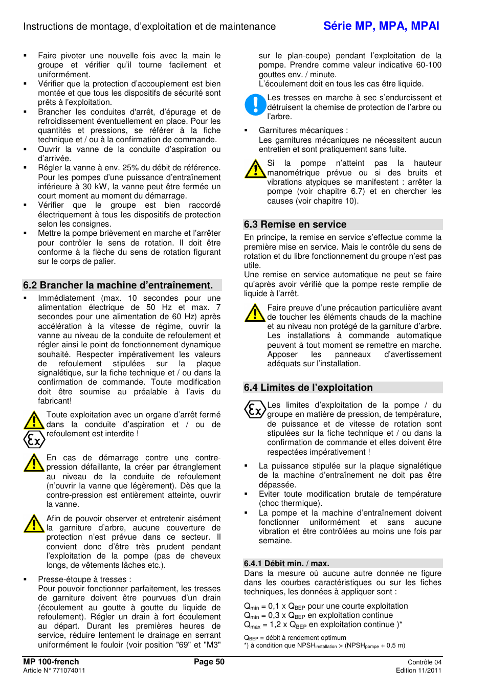 Série mp, mpa, mpai, 2 brancher la machine d’entraînement, 3 remise en service | 4 limites de l’exploitation | Xylem MPAI User Manual | Page 54 / 135